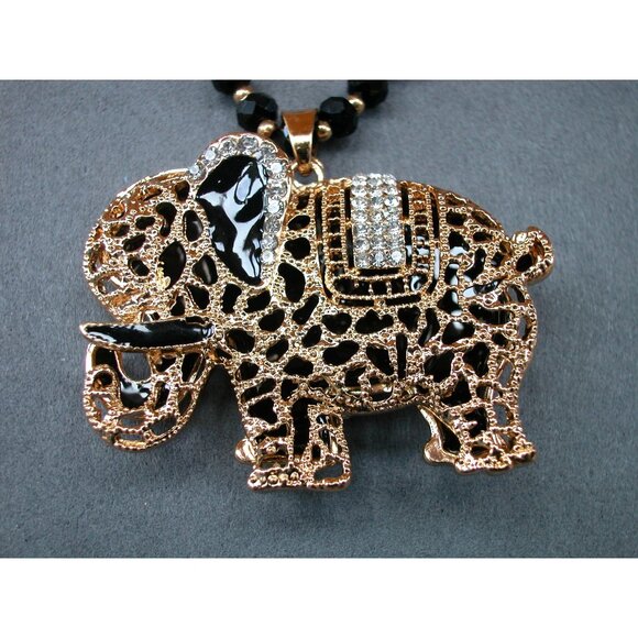 Gold Tone & Black Beaded Necklace,  Elephant Pendant 28" Chain, 2.5" x 1.5" Pend - Picture 2 of 4